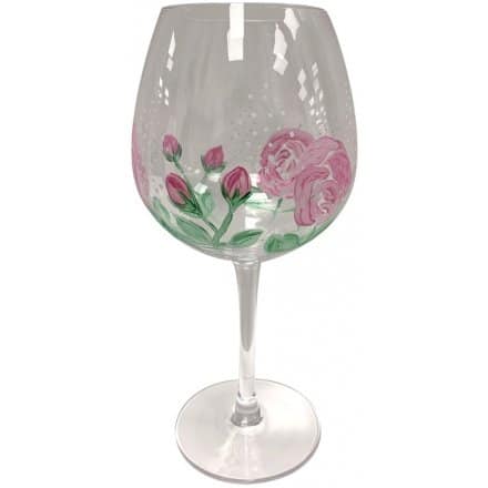 Pink Rose Hand Painted Wine Glass