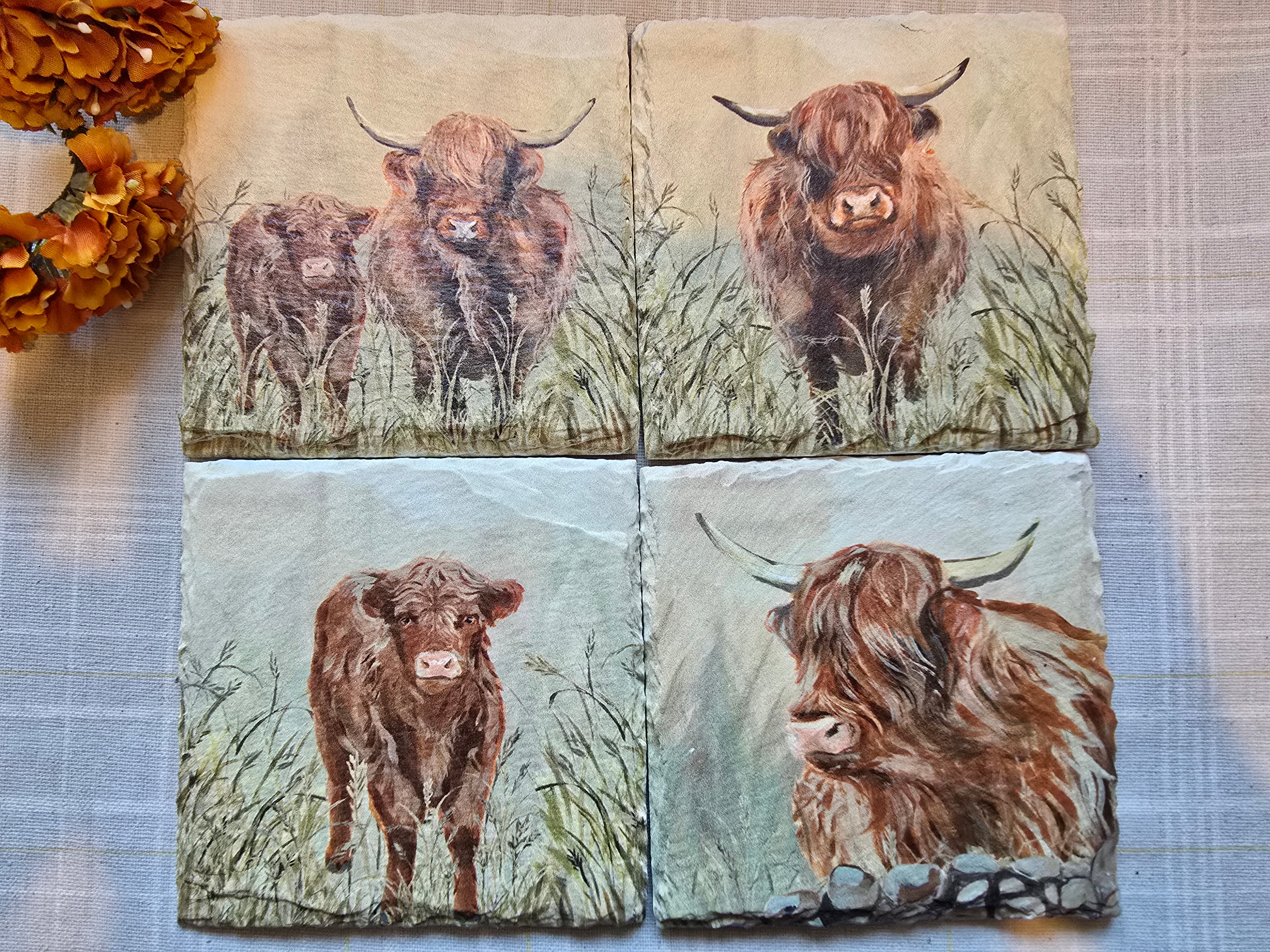 Highland Cow Slate Coasters - Set of 4