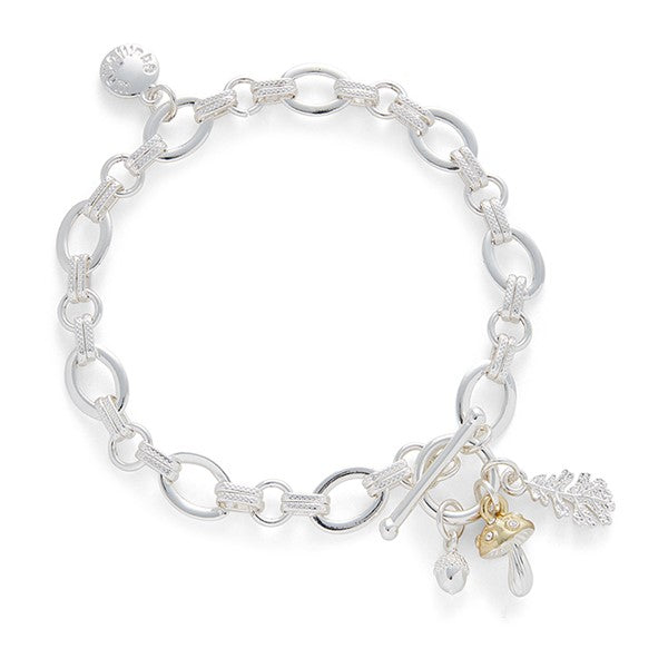 Back To Nature Woodland Silver Plated Charm Bracelet Mushroom Acorn Leaf