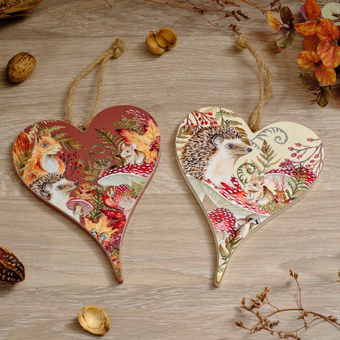 Toadstool Tales Wood Hanging Hearts - Autumn Woodland Animals