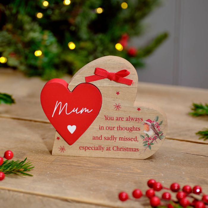 Mum Heart Sadly Missed At Christmas Wooden Block With Robin