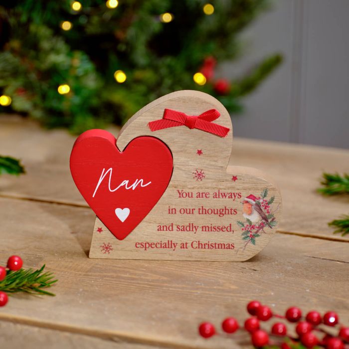 Nan Heart Sadly Missed At Christmas Wooden Block With Robin