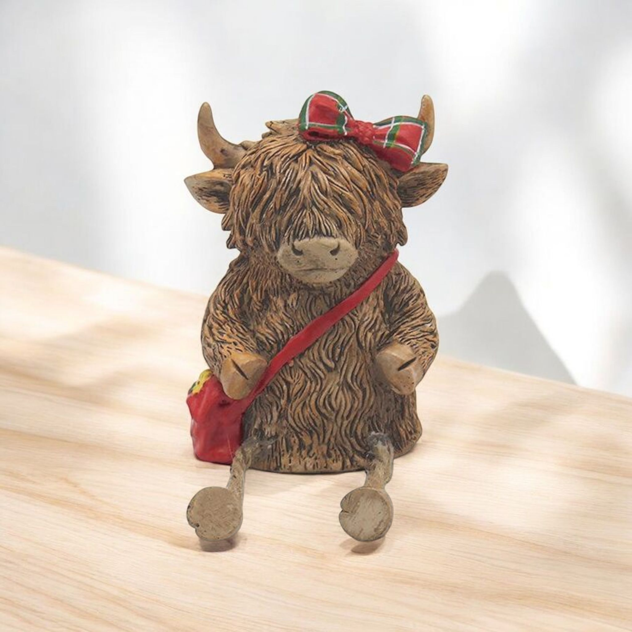Highland Cow Shelf Sitter - Tartan Bow & Bag