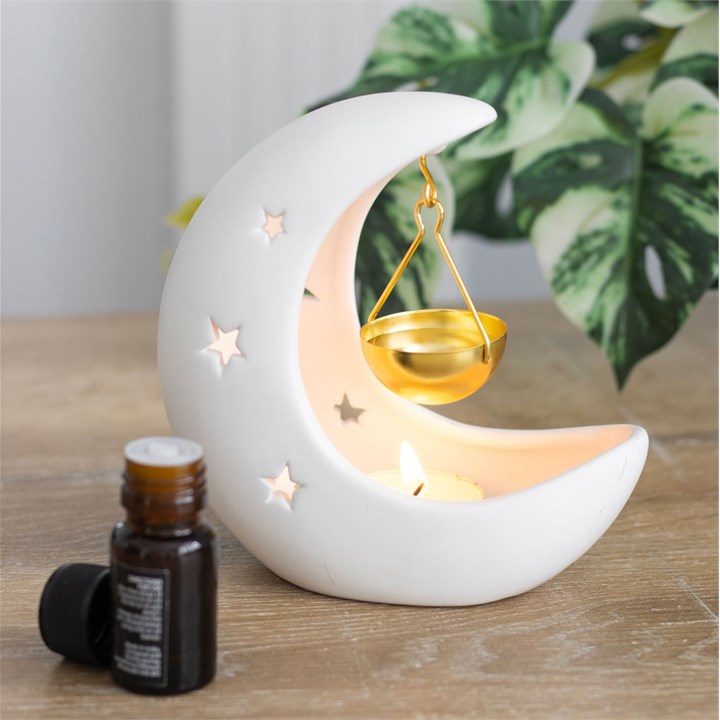White Cresent Moon Hanging Oil Burner With Gold Dish