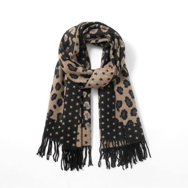 Cashmere Reversible Leopard Print & Stars Scarf - Black/Camel