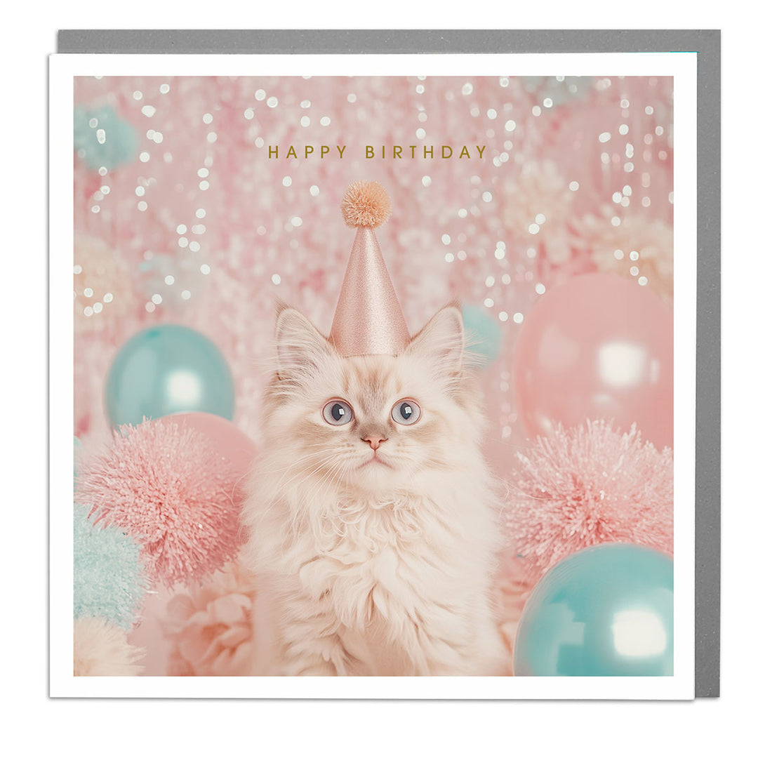 Happy Birthday Card Cat With Party Hat & Balloons