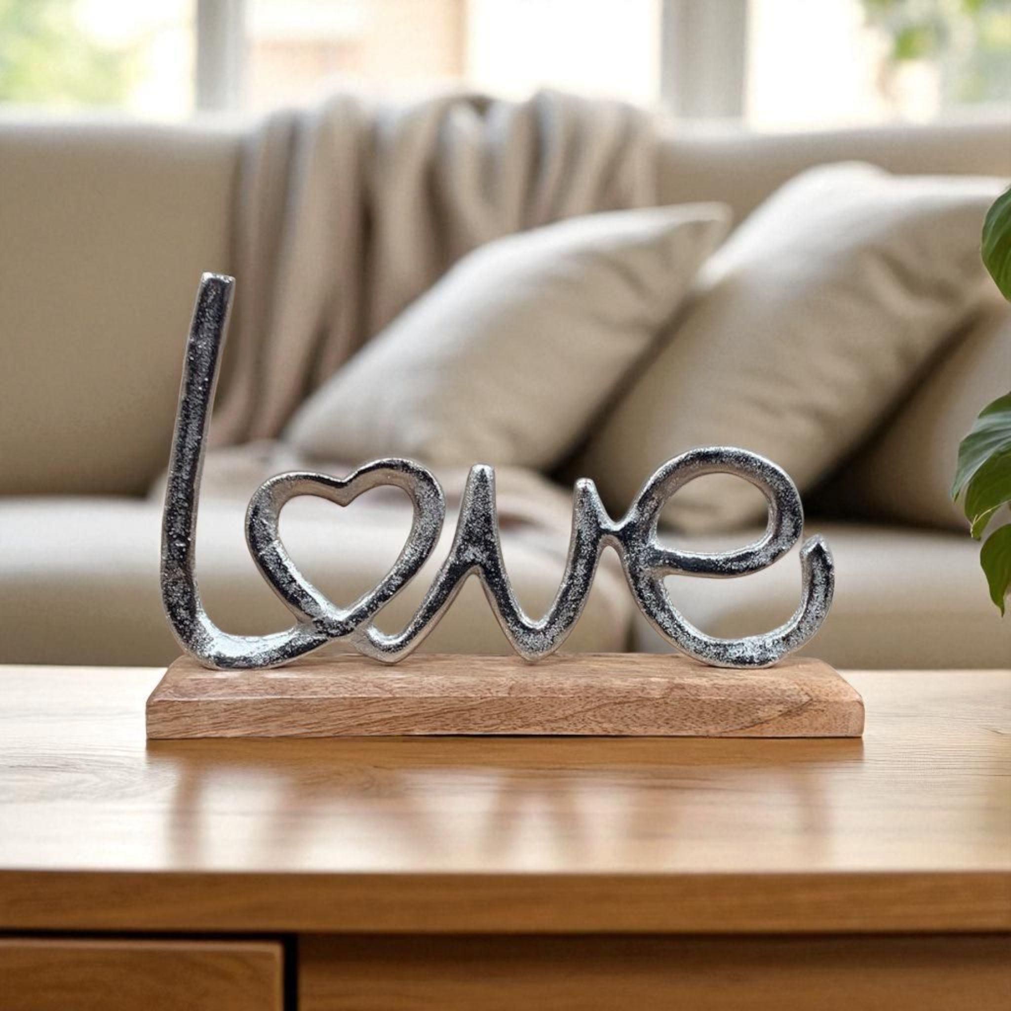 Silver LOVE On Wood Base