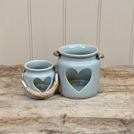 Grey Porcelain Heart T-Light Lantern - Pair
