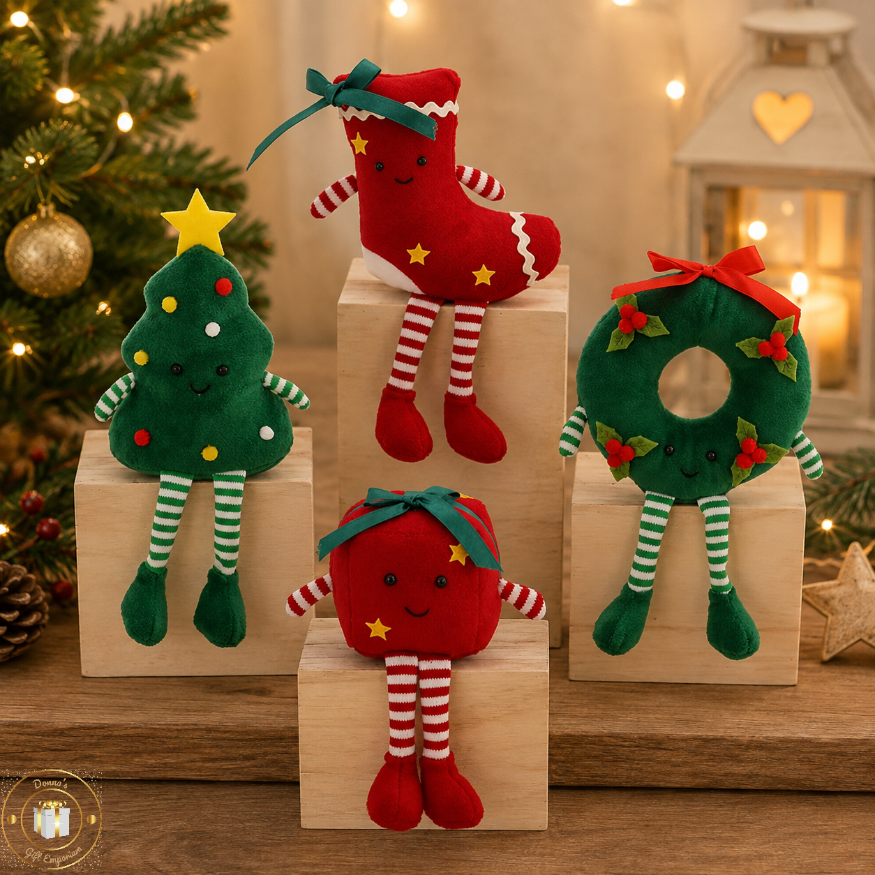 Festive Christmas Shelf Sitter Decorations - Tree Stocking Wreath Present