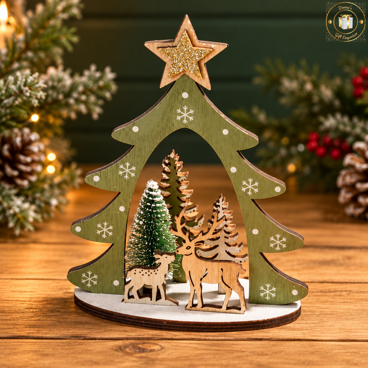 Wooden Christmas Tree & Reindeer Decoration