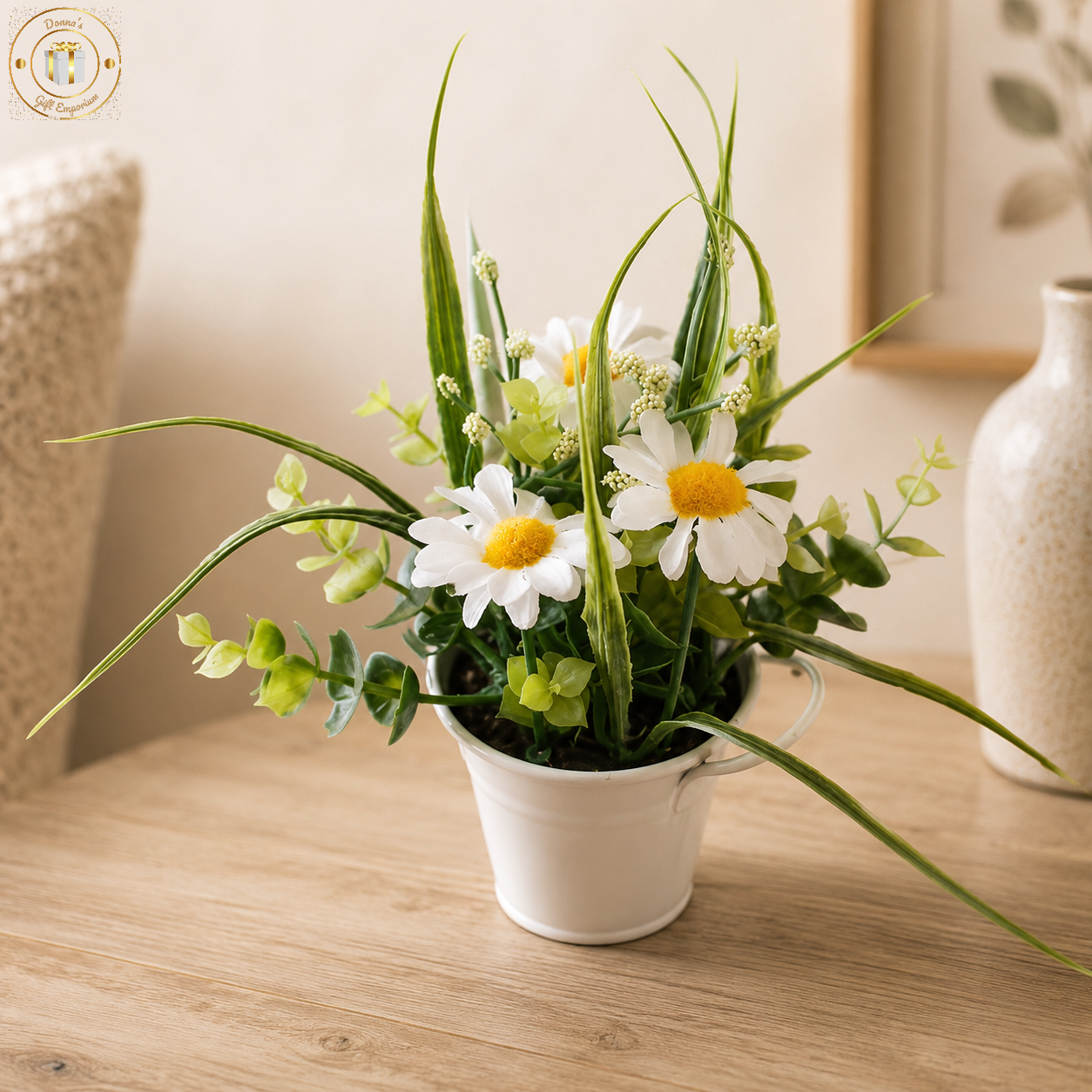 White Daisy Floral Arrangement In White Metal Pot