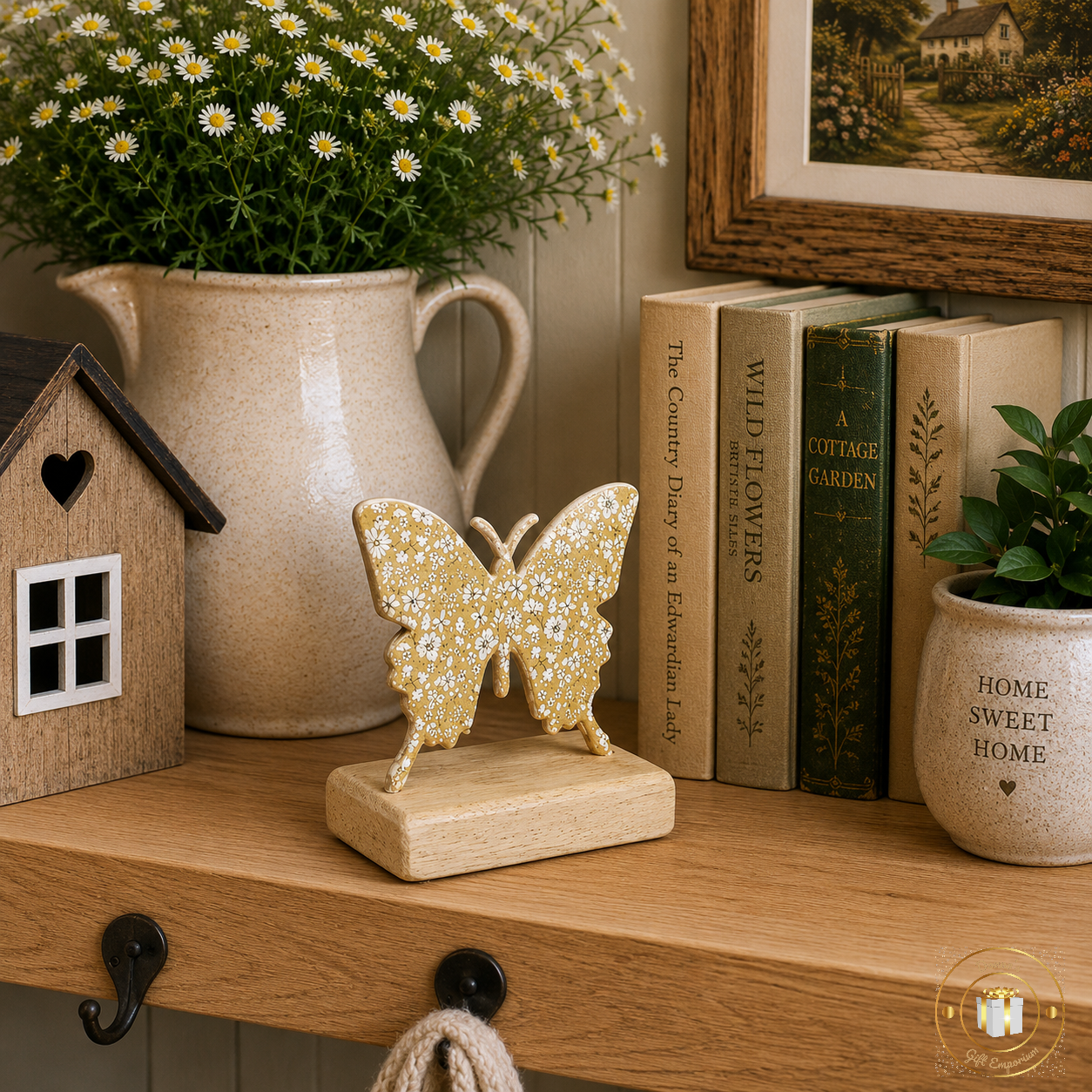 Floral Butterfly On Wooden Base - Pale Green