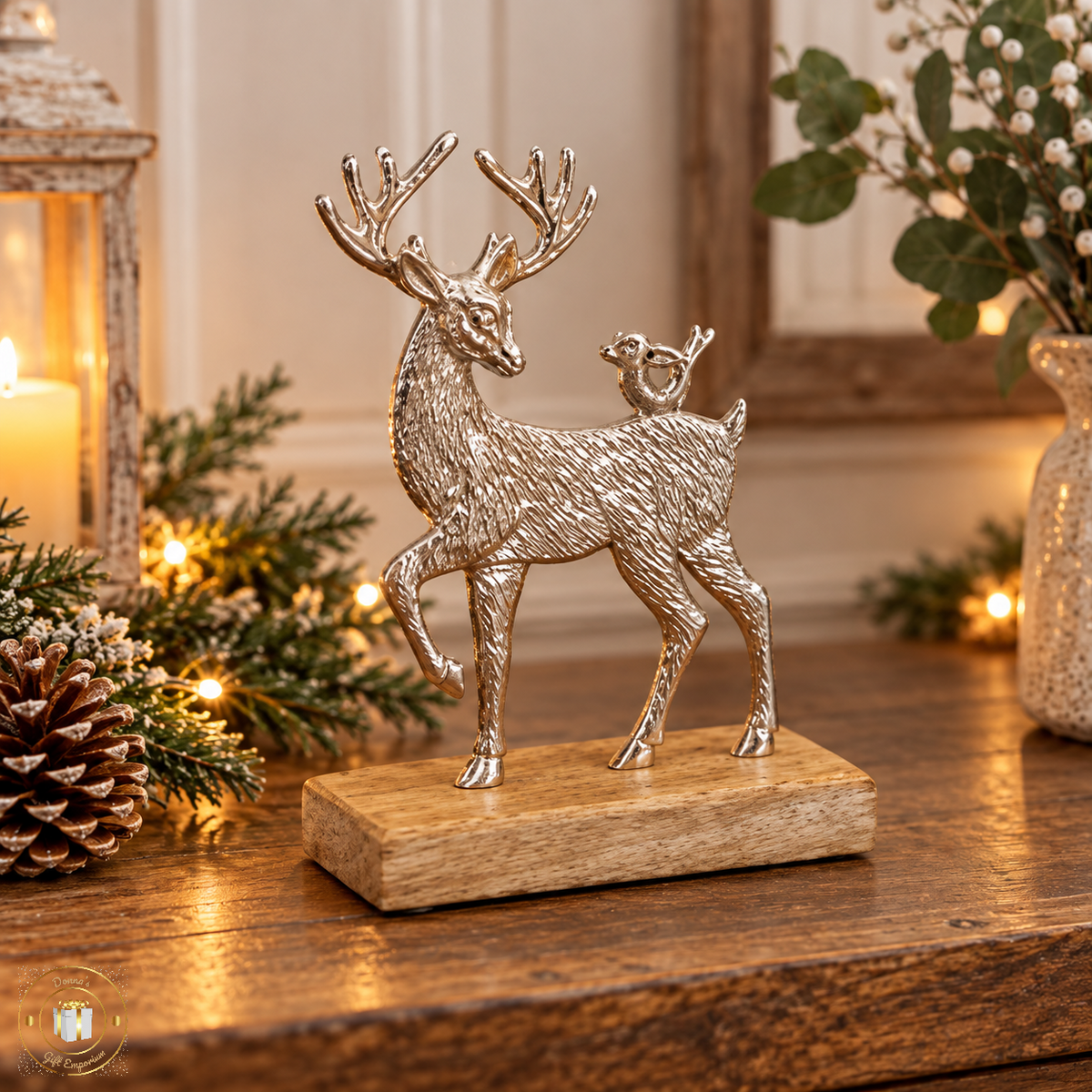 Silver Reindeer with Bird on Wooden Base – Christmas Ornament