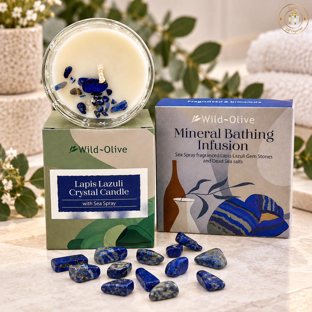 Wild Olive Crystal Candle & Matching Bath Infusion Set - Lapis Lazuli