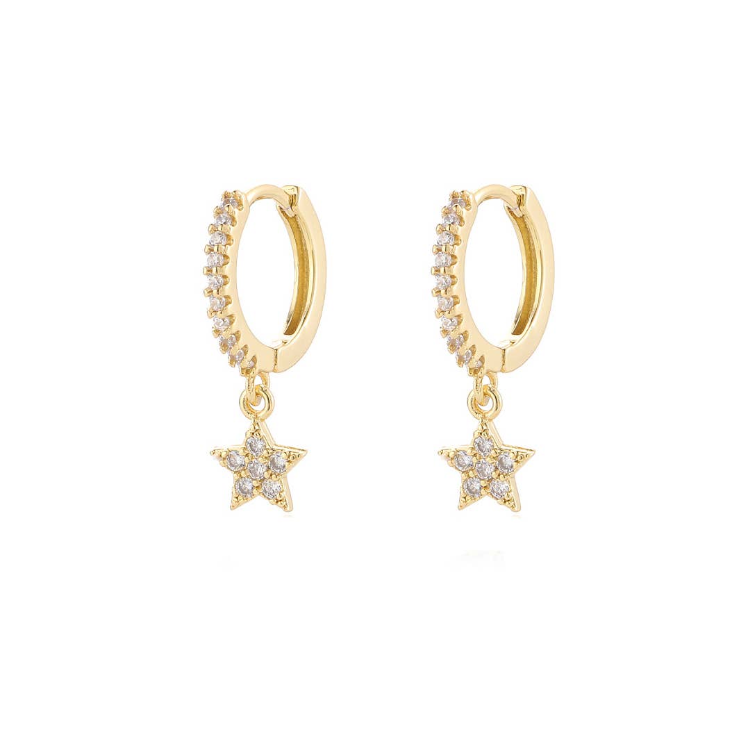 White Cubic Zirconia Star Drop Huggie Earring in Gold