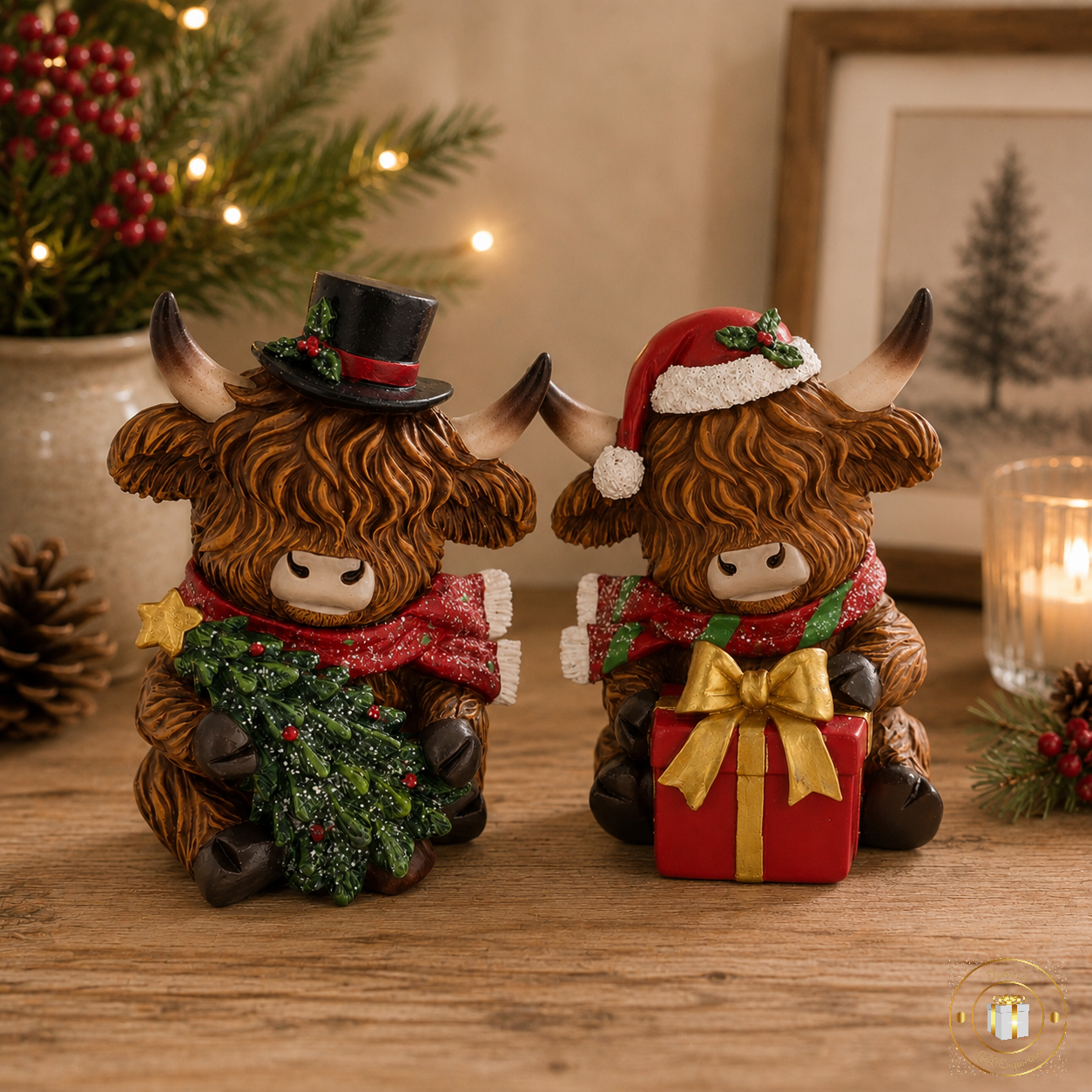 Festive Highland Cows Christmas Ornaments