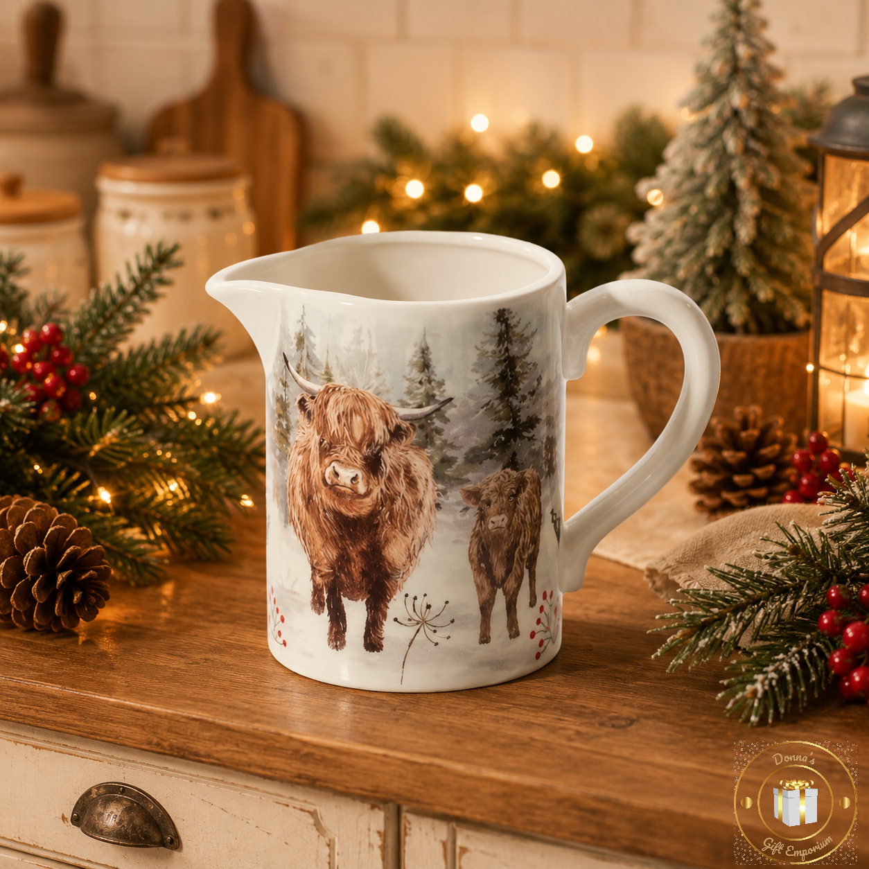 Frosted Trees Highland Cow Scene Jug