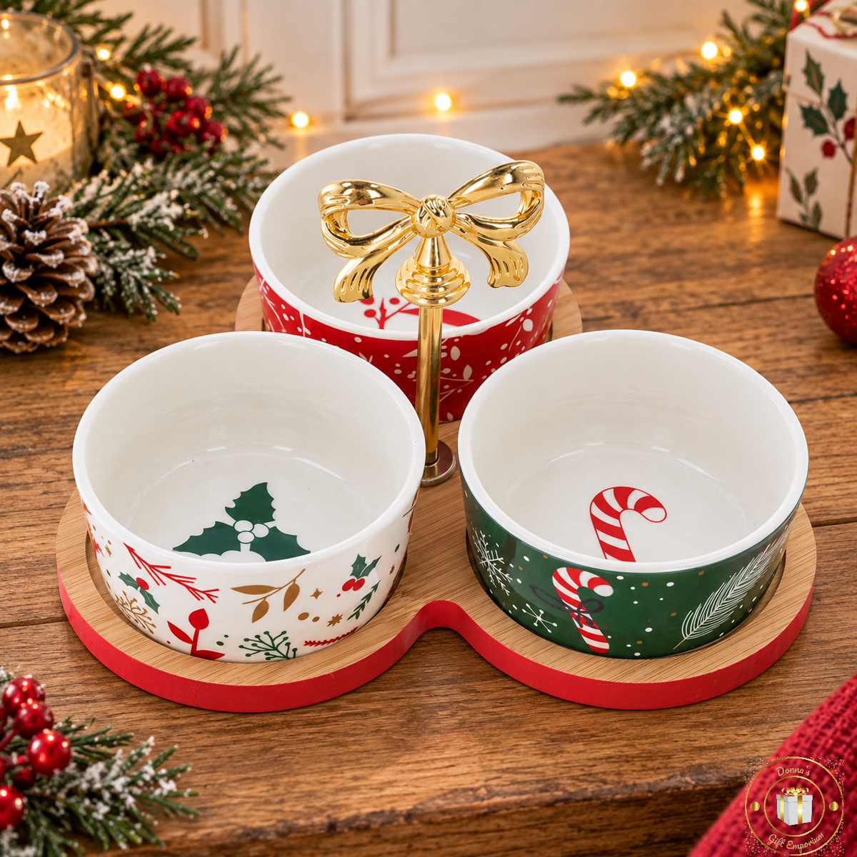 Christmas Triple Serving Bowl Set with Bamboo Tray &amp; Gold Bow Handle