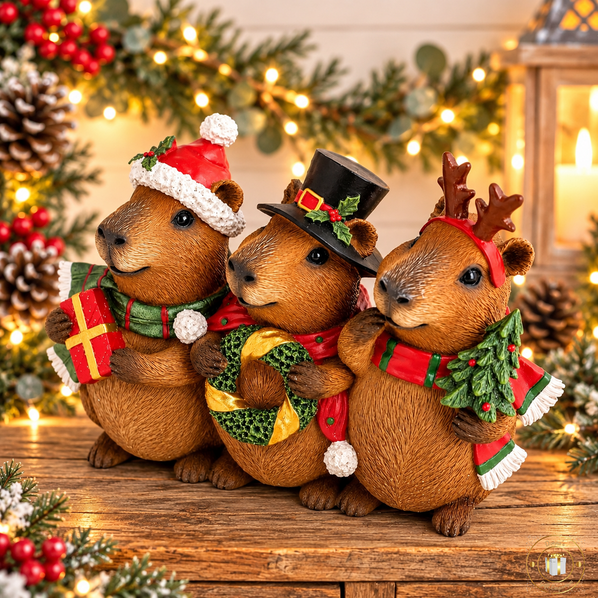 Festive Christmas Capybara Trio Ornament