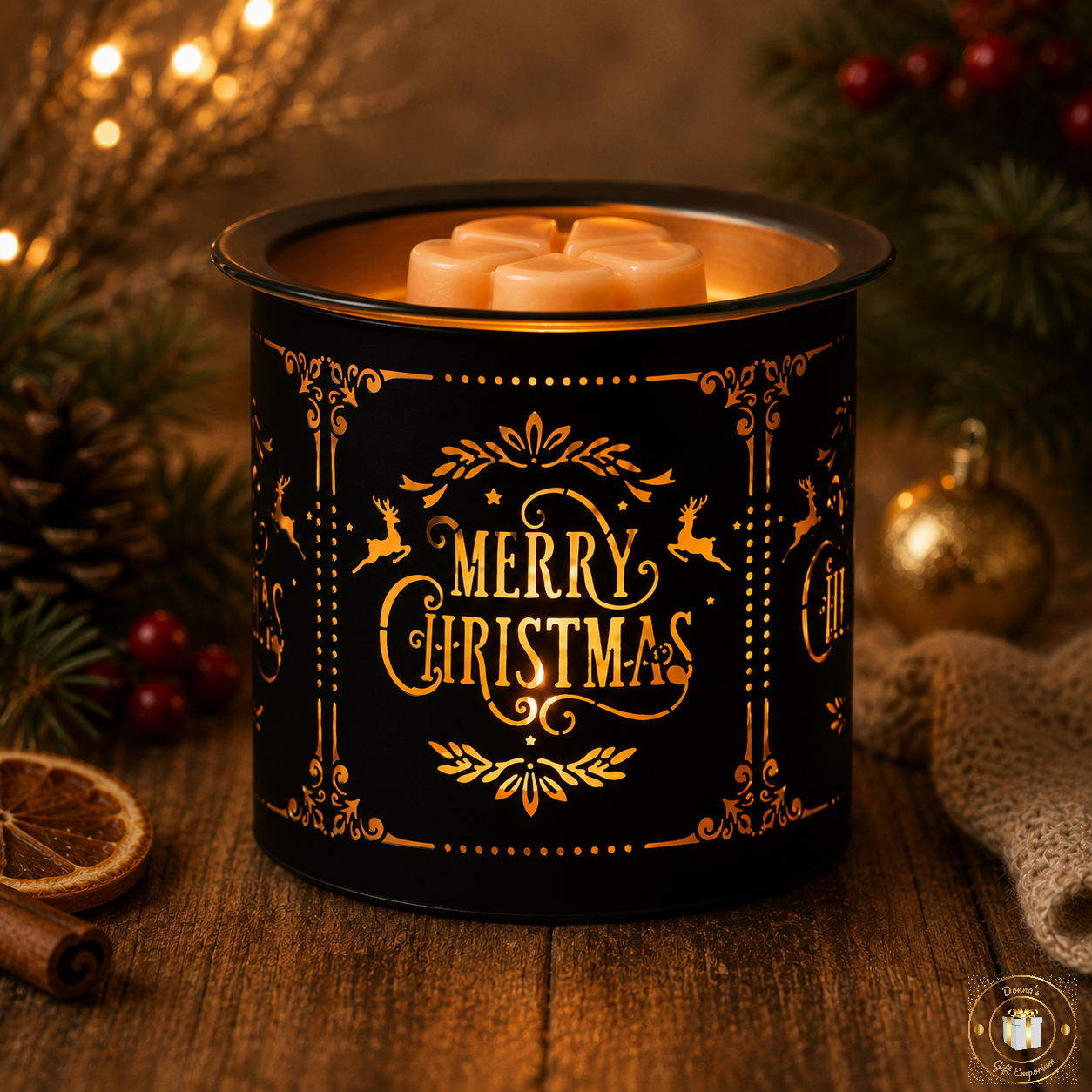 Tealight Wax Melter Burner and Candle Holder - Black & Gold Silhouette - Merry Christmas