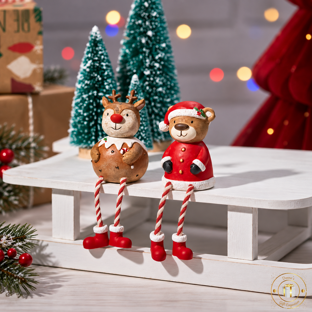 Christmas Animal Shelf Sitters - Santa Bear & Rudolph Reindeer Christmas Pudding
