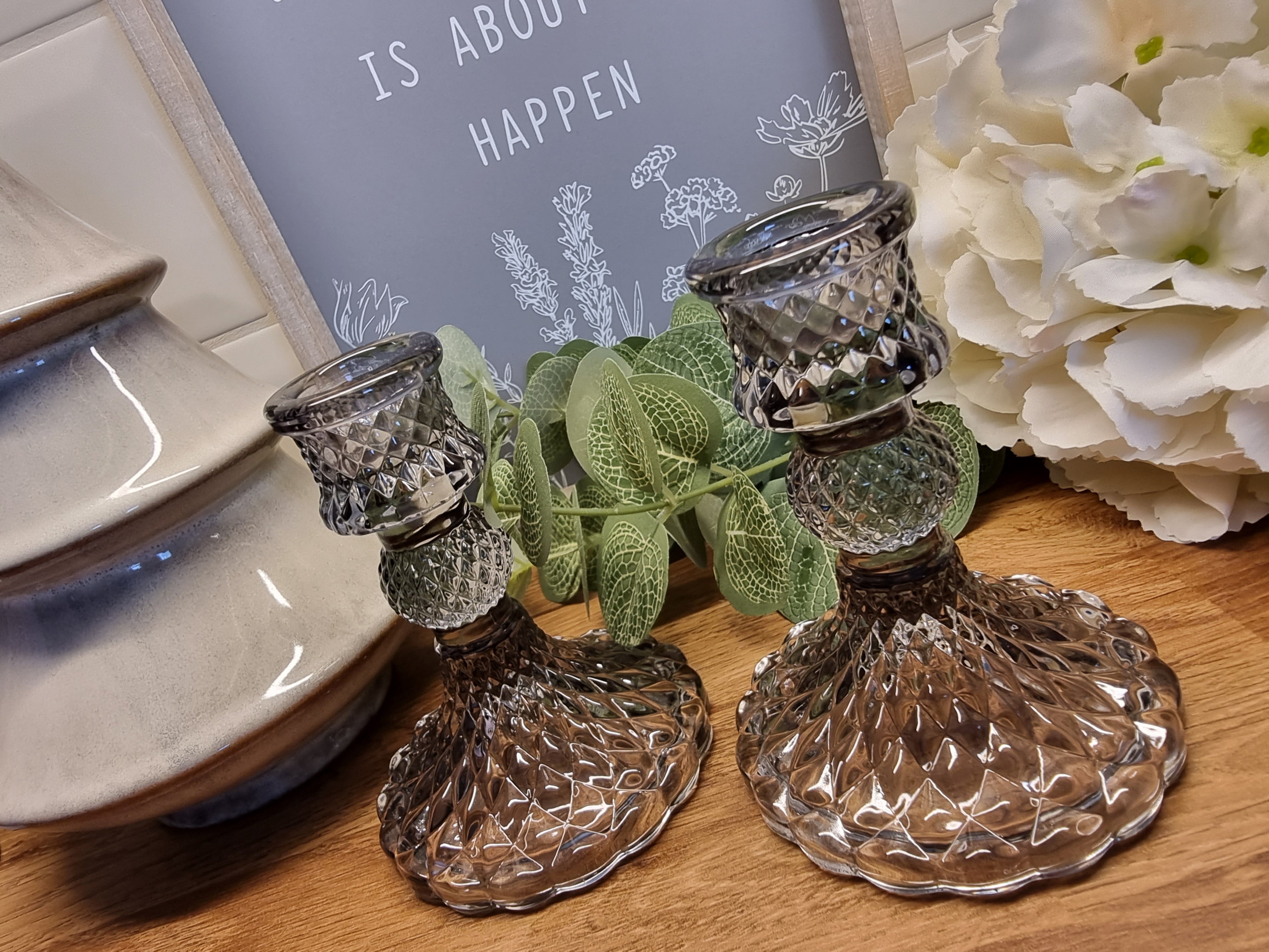 Grey Glass Dinner Candle Holders - Pair