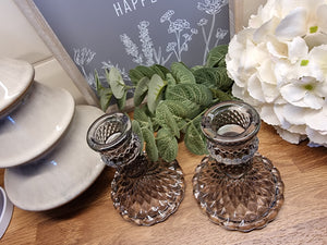 Grey Glass Dinner Candle Holders - Pair