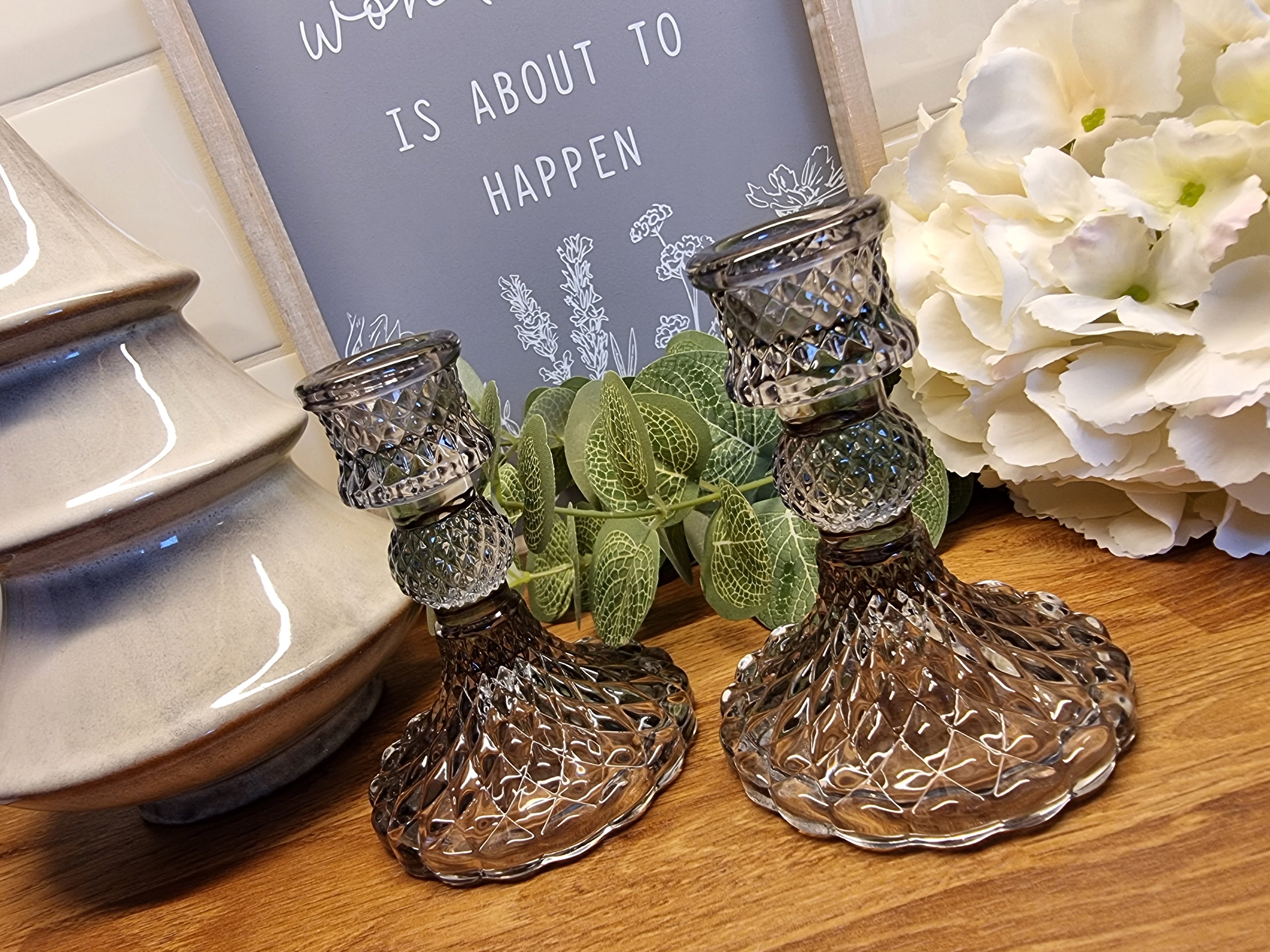 Grey Glass Dinner Candle Holders - Pair