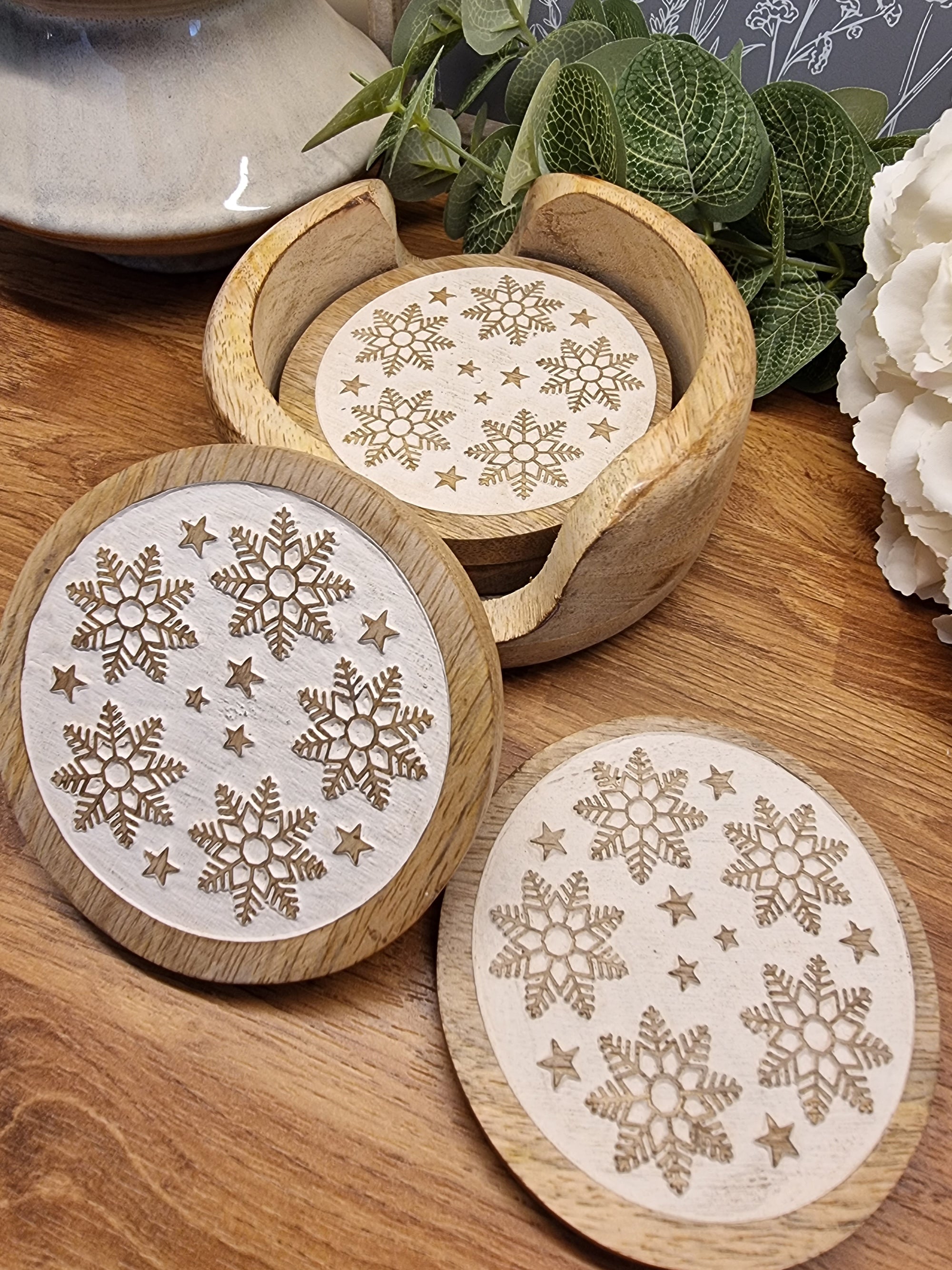 Christmas Snowflakes Wooden Coaster Set of 4