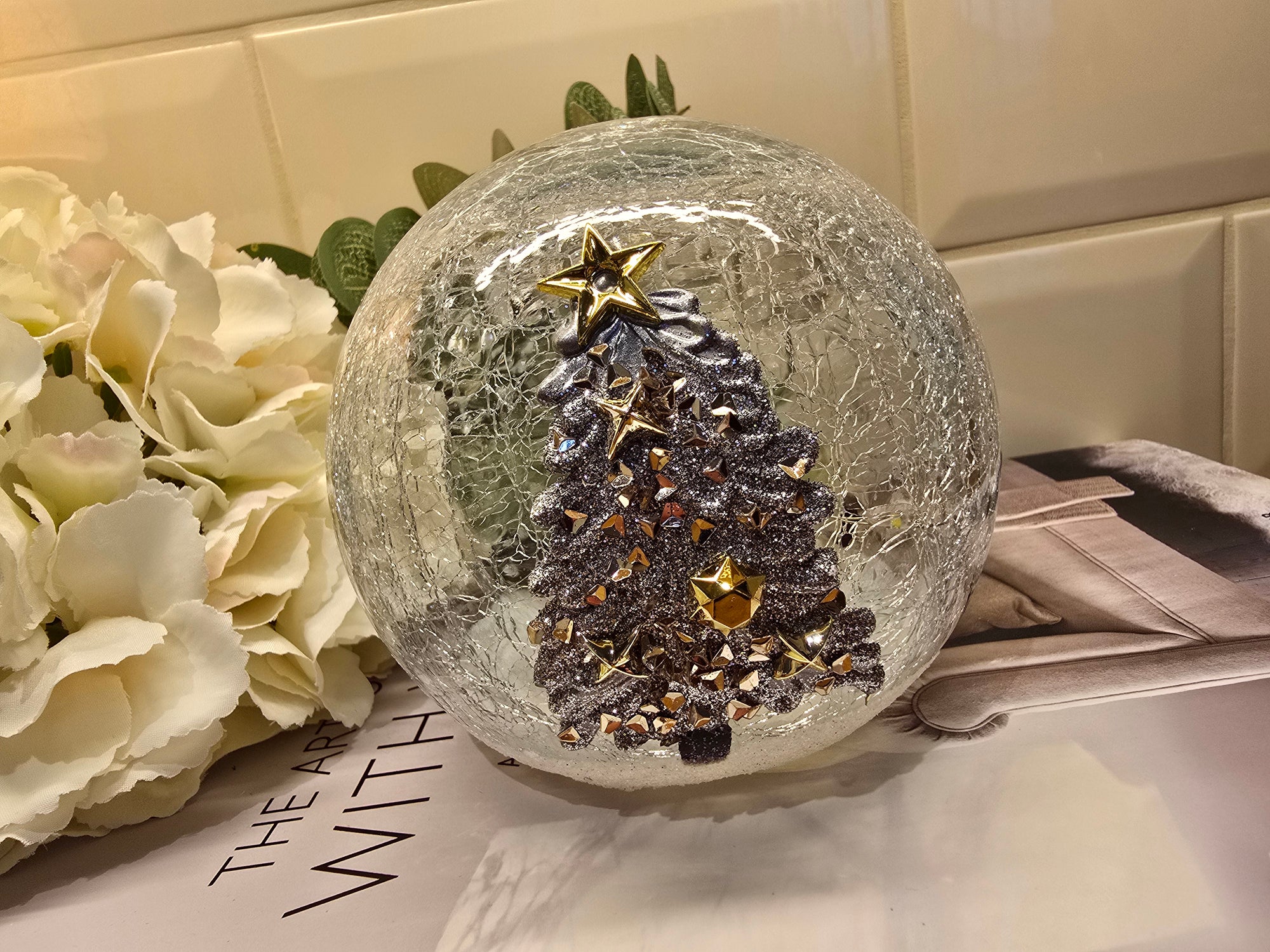 2nd LED Crackle Ball - White & Gold Trees