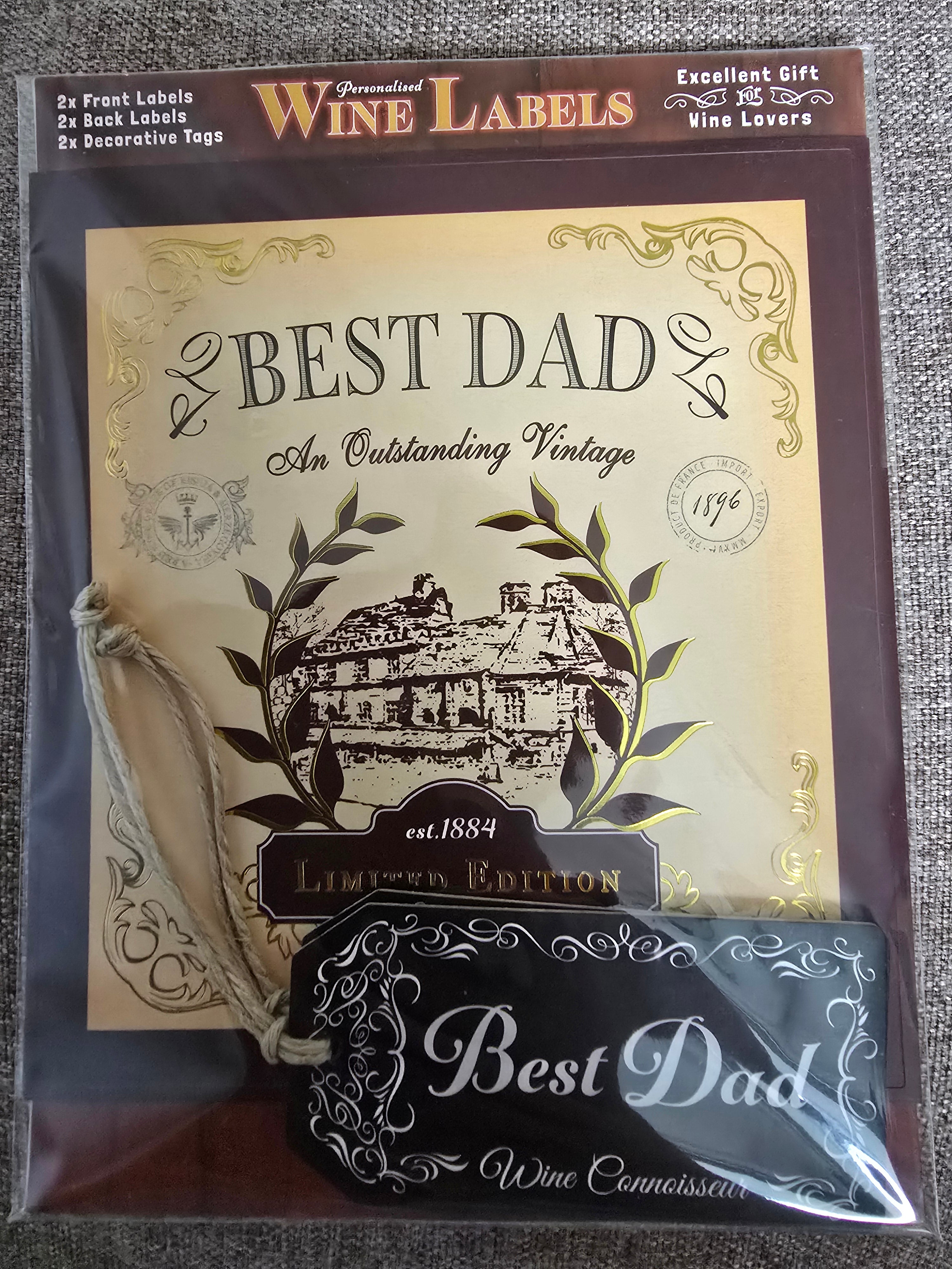 Best Dad Wine Label, 2 Front and Back Labels and 2 Tags