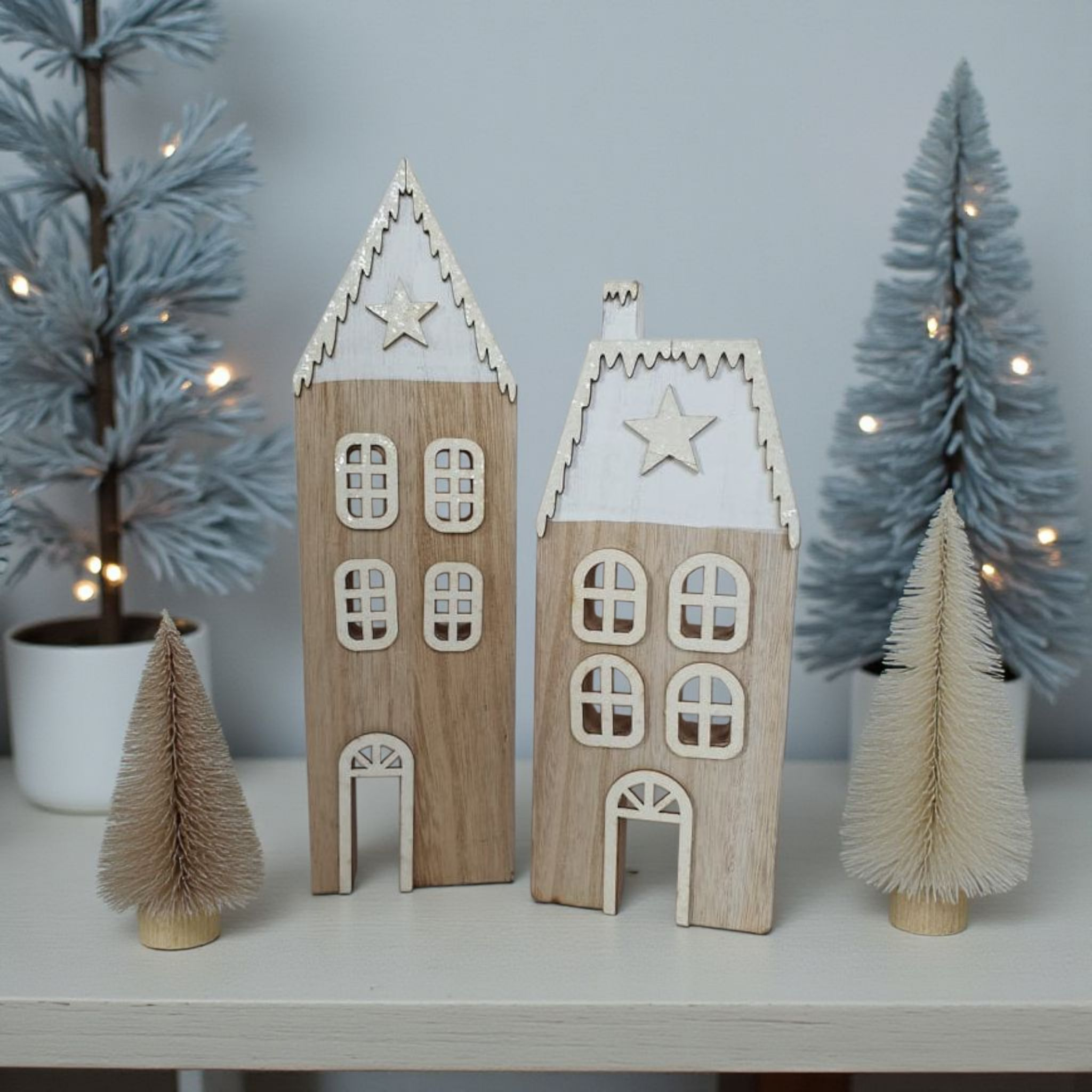 Wooden Festive House Decorations - Pair
