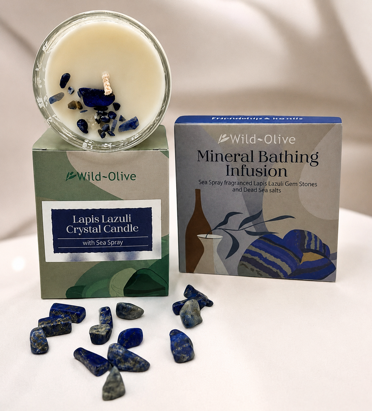 Wild Olive Crystal Candle & Matching Bath Infusion Set - Lapis Lazuli