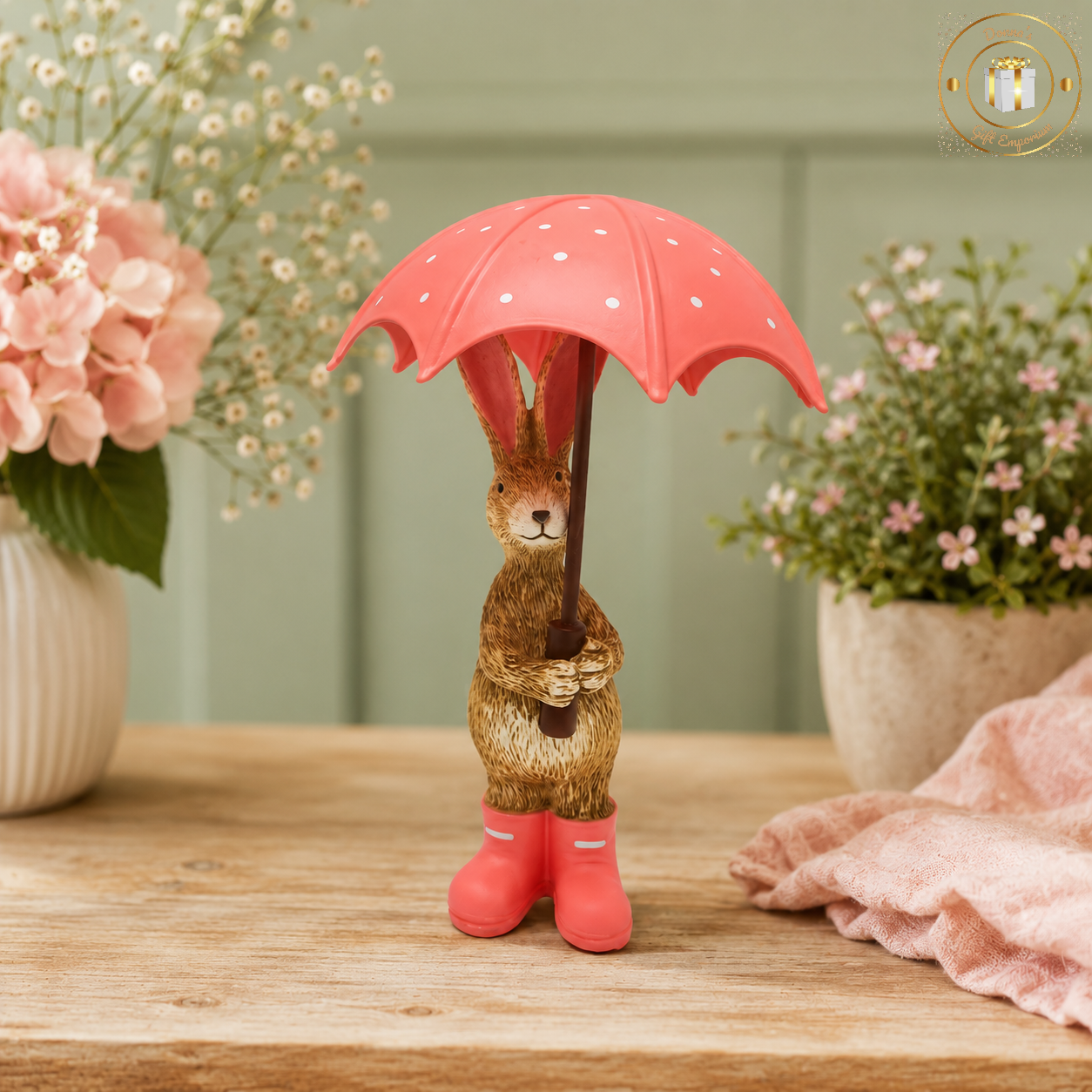 Rabbit in Wellies with Umbrella - Peach/Pink