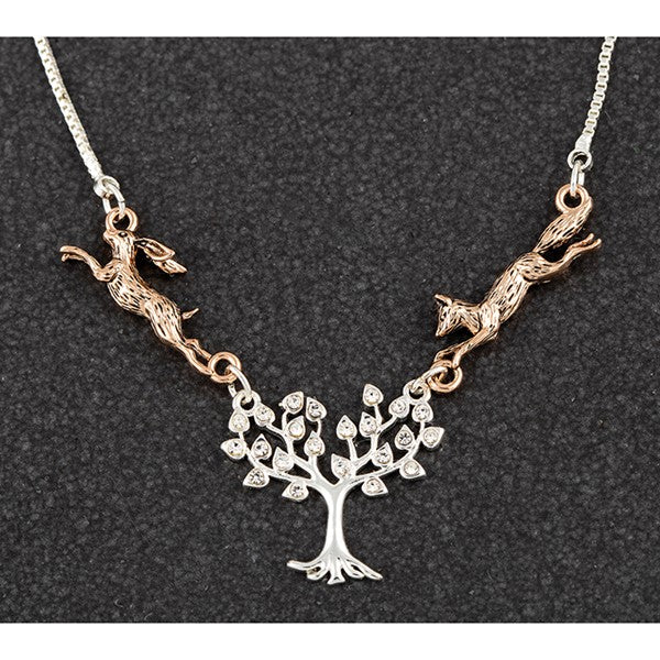 Country Chase Two Tone Plated Necklace - Tree of Life With Hare & Fox