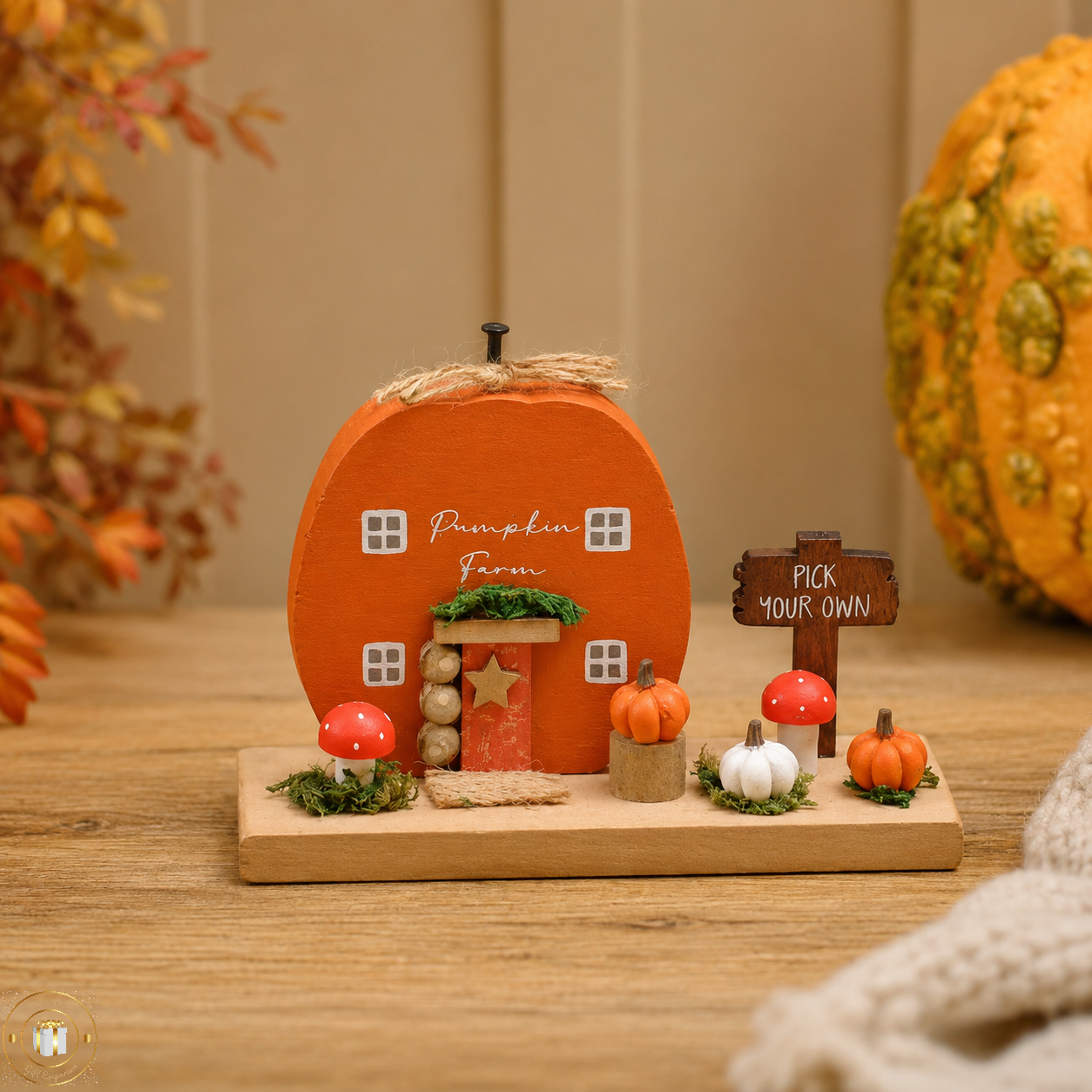 Autumn Pumpkin Farm Wooden House Block Ornament