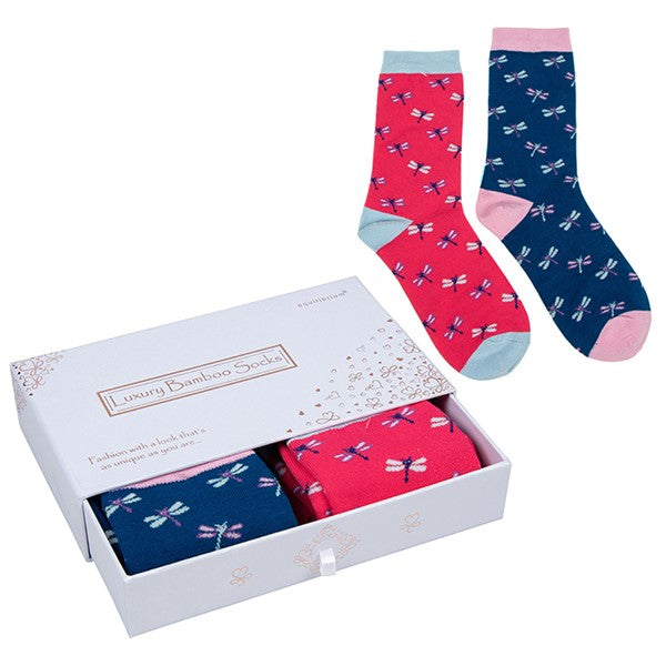 Ladies Bamboo Socks Gift Box - Ditsy Dragonfly
