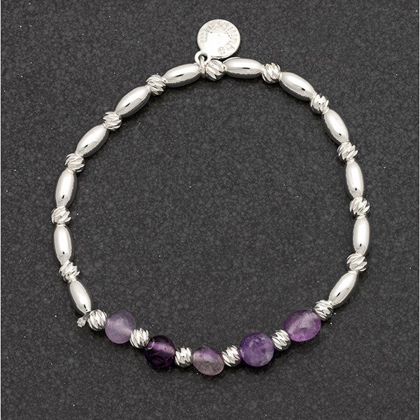 Gem Stone Textured Silver Plated Bracelet - Amethyst