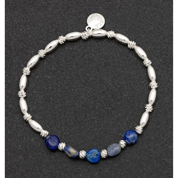 Gem Stone Textured Silver Bracelet - Lapis Lazuli