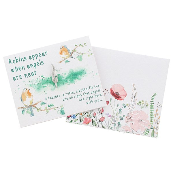 Envelopes of Love Feather Pin Brooch & Card - Robins Appear