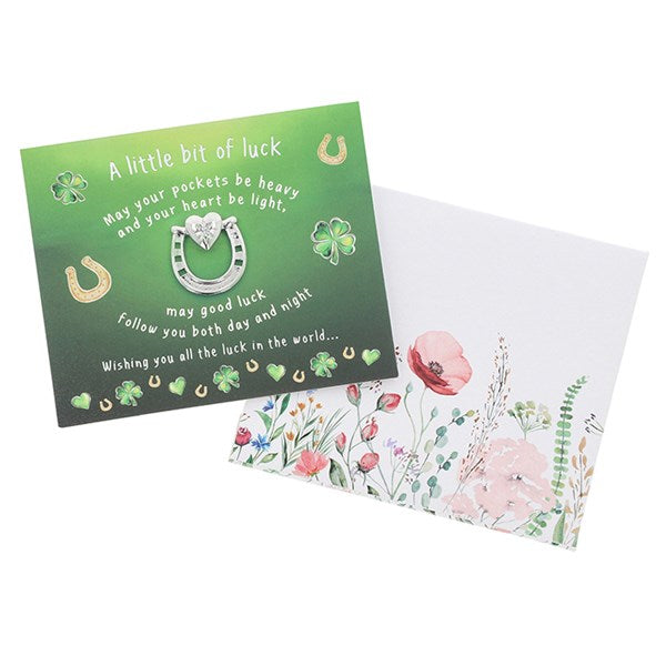 Envelopes of Love Horse Shoe & Heart Clover Pin Brooch & Card - Good Luck