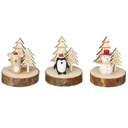 Christmas Characters On Bark Bases - Mouse, Penguin & Snowman .