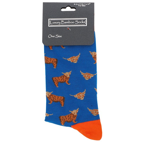 Men's Bamboo Socks - Highland Cow - Blue