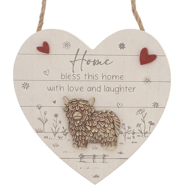 Highland Cow Hanging Heart Sign - Home