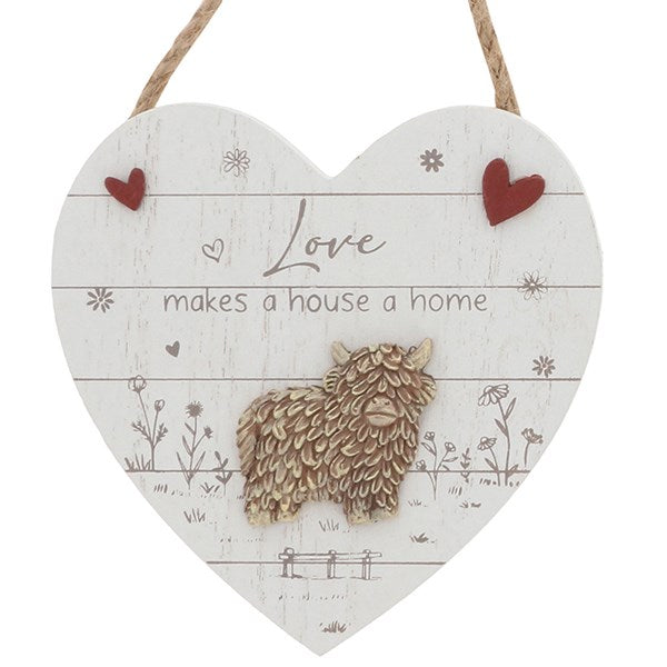 Highland Cow Hanging Heart Sign - Love