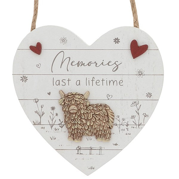 Highland Cow Hanging Heart Sign - Memories