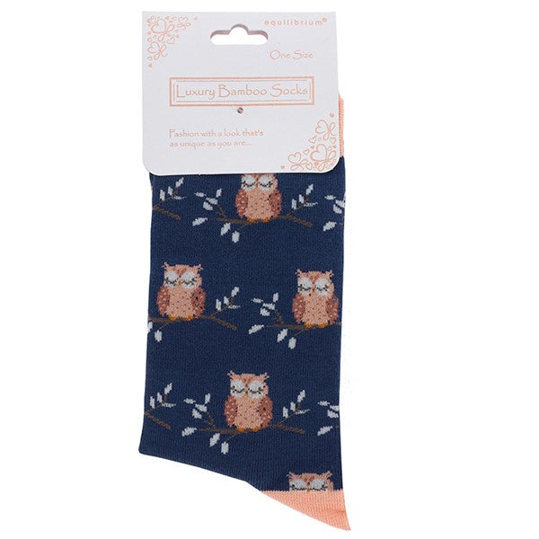 Ladies Bamboo Socks - Owls - Navy