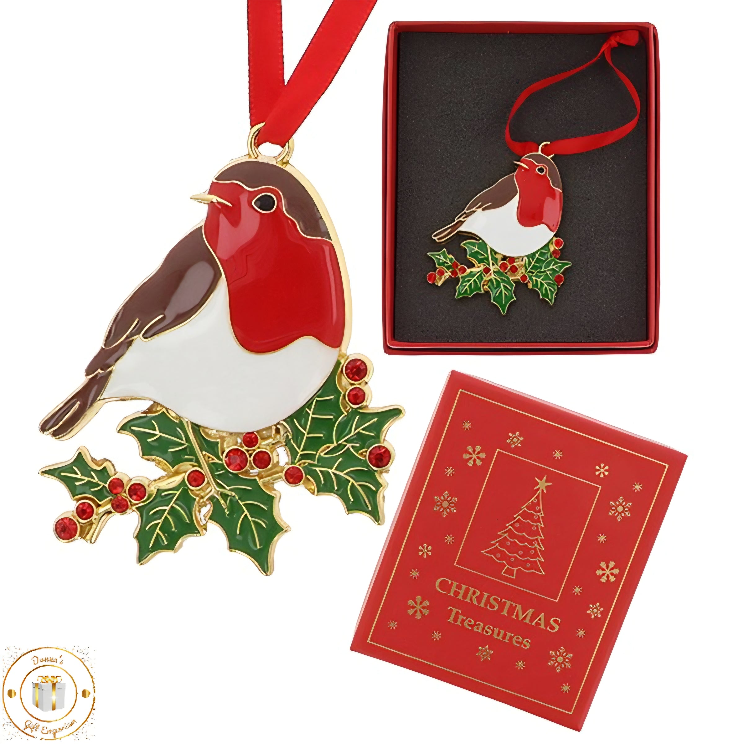 Christmas Treasures Robin On Holly Metal & Enamel Tree Decoration & Keepsake