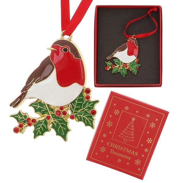 Christmas Treasures Robin On Holly Metal & Enamel Tree Decoration & Keepsake