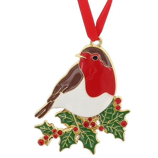 Christmas Treasures Robin On Holly Metal & Enamel Tree Decoration & Keepsake